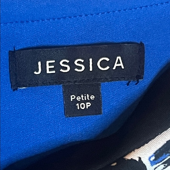 Jessica Abstract Blue and Black Dress with belt sz 10 Petite - Picture 2 of 14